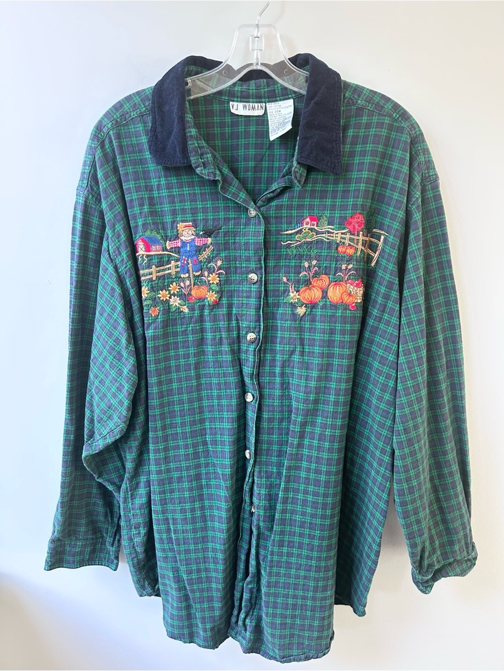 Vintage corduroy embroidered fall autumn embroidered plaid flannel shirt